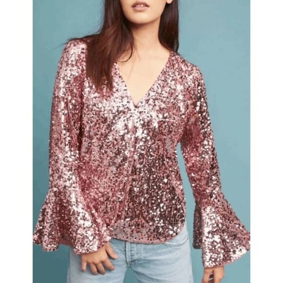 Anthropologie Moulinette Soeurs size 6 pink sequined long sleeve top - Picture 1 of 7